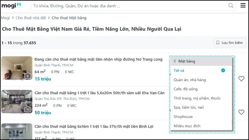 Tìm thuê mặt bằng với bộ lọc tiện lợi tại Mtbtr.com