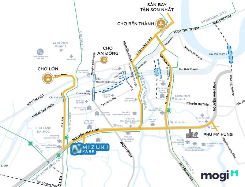 Mizuki Park có nên xuống tiền đâu tư? 2 Dự án Mizuki Park nằm trên mặt đường Nguyễn Văn Linh, cạnh Quốc lộ 50.