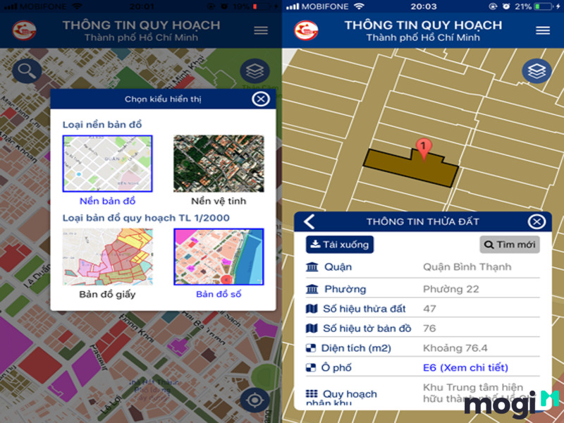 Thông tin thửa đất hiển thị