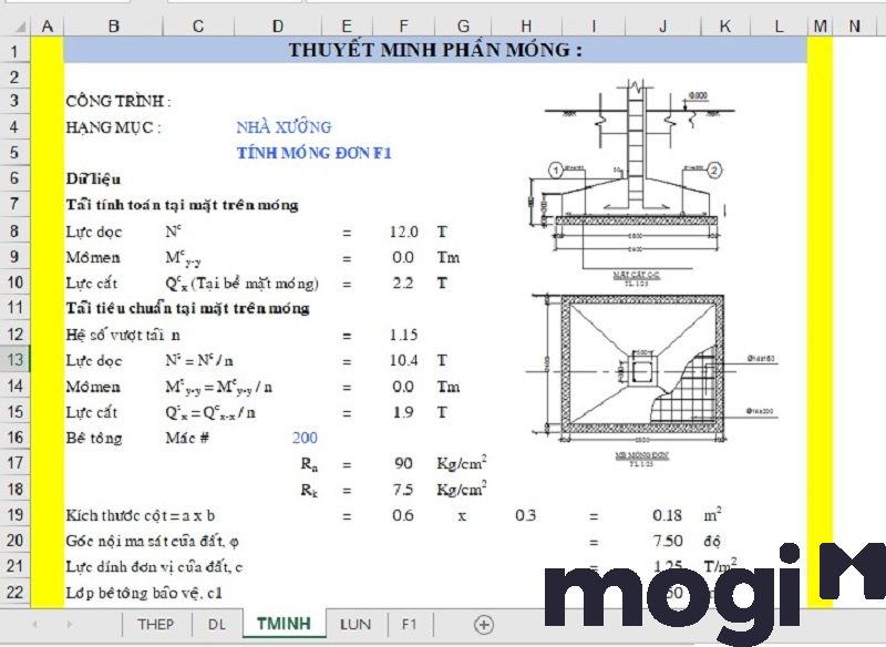 Tính toán móng đơn bằng Excel