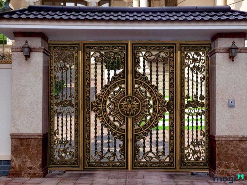 Cổng nhôm đúc 2 cánh hoa văn hoa lá nhẹ nhàng, cổ điển