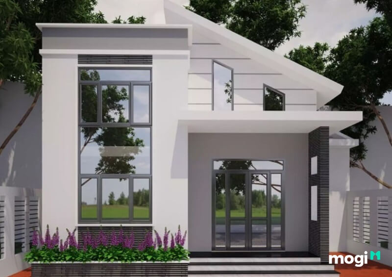 Nhà mái tôn lệch gác lửng đẹp.