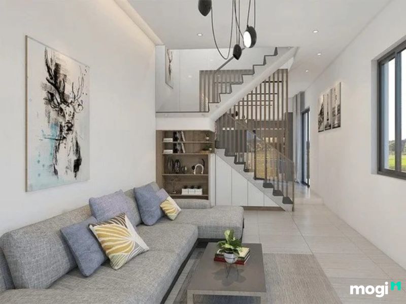 Phòng khách với sofa chữ L màu xám