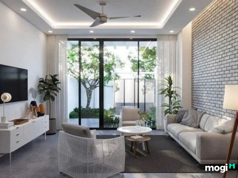 Thiết kế phòng khách nhà ống 4m có cầu thang gần gũi với thiên nhiên
