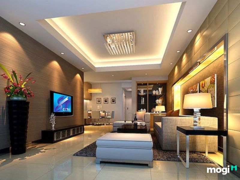 Phòng khách nhà ống với màu ghi xám chủ đạo
