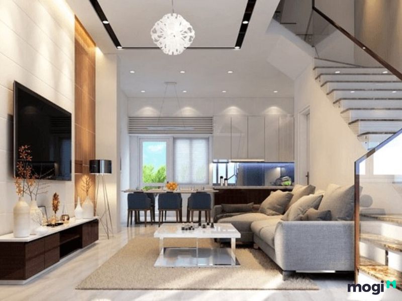 Thiết kế phòng khách 4m với cầu thang kính an toàn