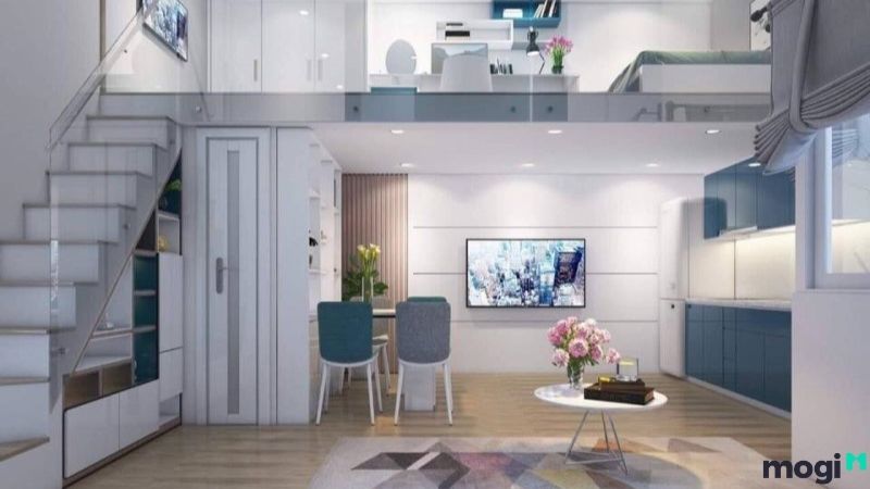 Thiết kế phòng trọ 30m2 tone xanh mát mẻ