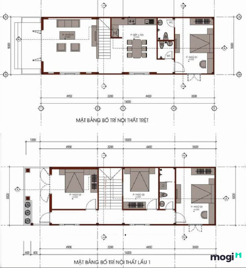 Bản vẽ mặt bằng bố trí mẫu nhà phố 2 tầng 5x15