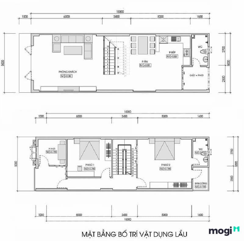 Bản vẽ thiết kế mẫu nhà phố 2 tầng 5x15 kiểu nhà ống