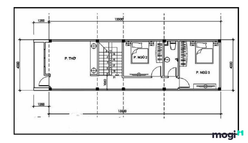 Mặt bằng tầng 2 mẫu thiết kế nhà phố thông thoáng