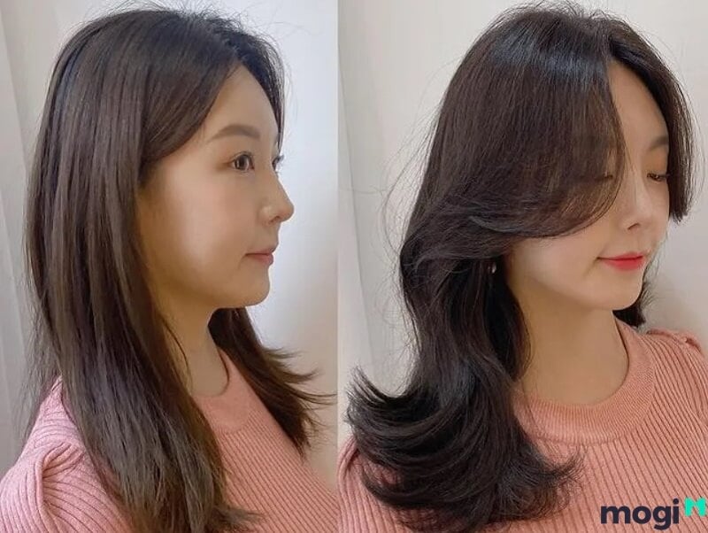 Người có trán thấp với gò má cao nên để mái, sấy phồng để che khuyết điểm.