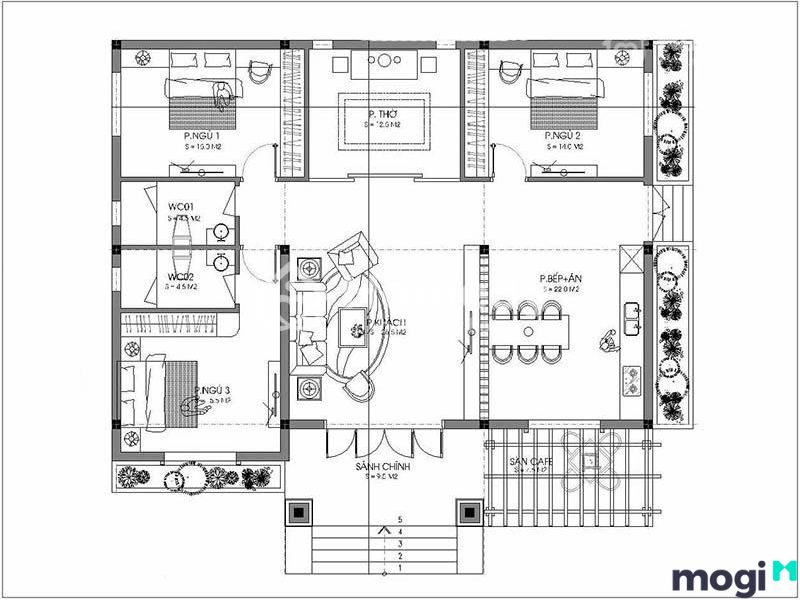 Bản vẽ nhà cấp 4 đẹp 100m2 3 phòng ngủ
