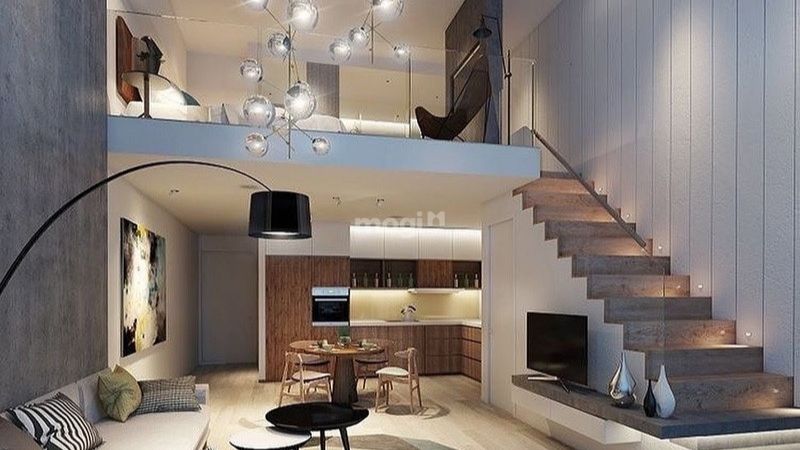 Mẫu nhà 30m2 có gác lửng sang trọng hơn với sự kết hợp của chất liệu kính cường lực và đèn chùm trang trí