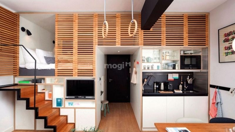 Mẫu nhà 30m2 có gác lửng đẹp và độc đáo nhờ vách ngăn bằng song gỗ