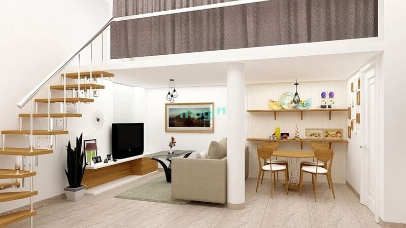 Xây nhà 30m2 có gác lửng đẹp và tiện nghi nhưng tạo được sự riêng tư nhờ rèm che