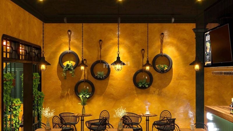 Tường quán cafe đơn giản mang phong cách Vintage