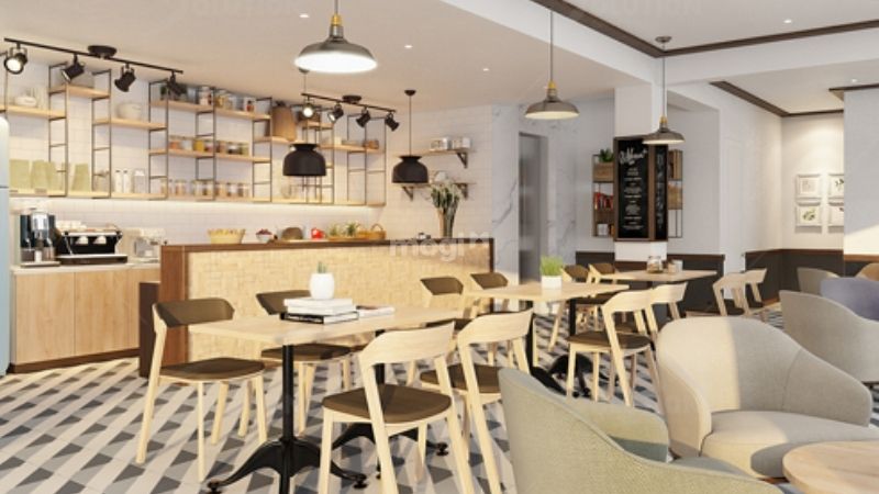 Trang trí trần quán cafe với đèn hiện đại 