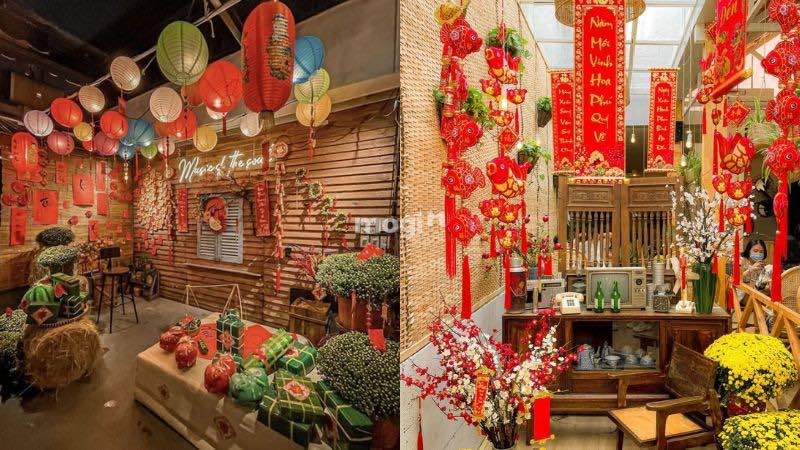 Trang trí quán cafe Tết bằng chậu hoa tươi