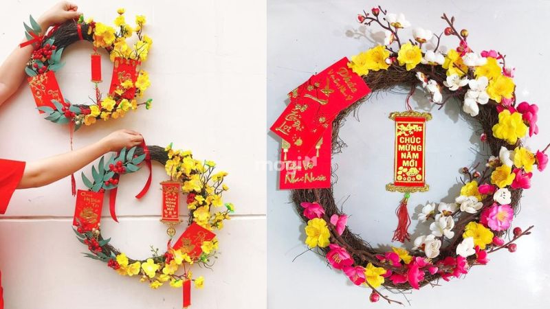 10 ý tưởng trang trí gian hàng Tết ấn tượng và bắt mắt 9 Một số vòng hoa tươi giúp gian hàng sinh động hơn