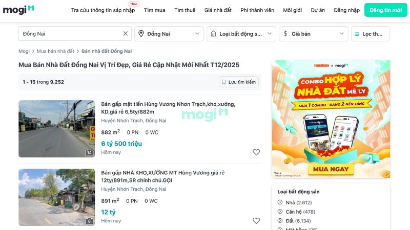 Giao diện tìm thông tin mua bán nhà đất Đồng Nai trên Mtbtr.com