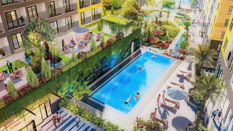 Tiện ích không gian sinh hoạt chung với hồ bơi ngoài trời tại chung cư Bcons Green Land Dĩ An