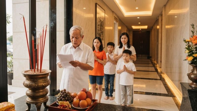 Gia chủ đọc văn khấn, thực hiện nghi lễ cúng nhập trạch