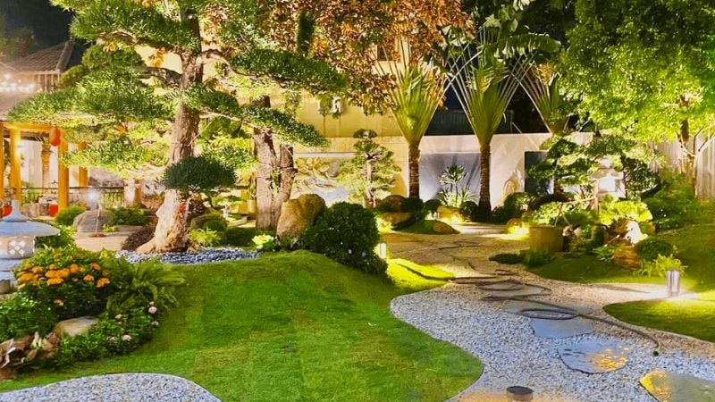 Bố trí đèn trang trí tạo ánh sáng ấm áp cho sân vườn