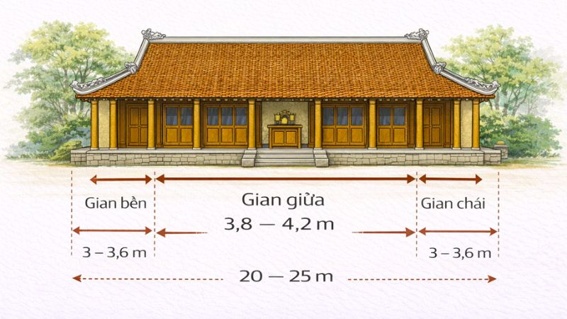 được thiết kế với 5 gian nằm liền nhau theo chiều ngang