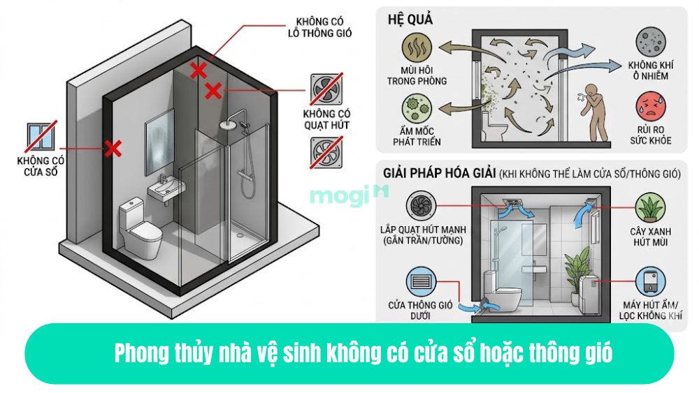 Phong thủy nhà vệ sinh không có cửa sổ hoặc thông gió