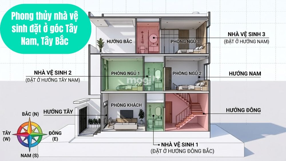 Phong thủy nhà vệ sinh đặt ở góc Tây Nam, Tây Bắc