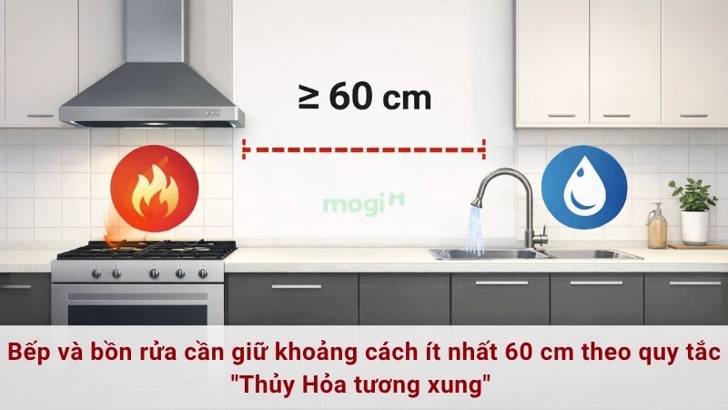 Bếp và bồn rửa cần giữ khoảng cách ít nhất 60 cm để không xung khắc năng lượng