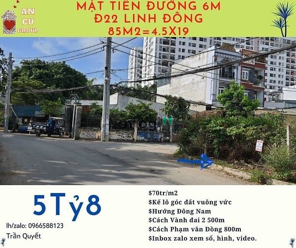 Hình ảnh Cần bán lô đất 85m2, Mặt tiền đường 22 Linh Đông, 4m5x19 - 5Ty8