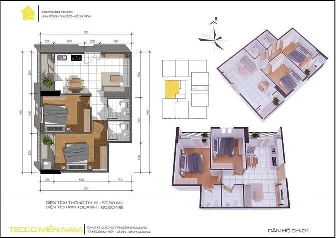 Hình ảnh Mb6623 nạp rút nhanh chóng Tecco Tower - 60m2 -2PN - 2 WC - 2 ban công chỉ 1tỷ3