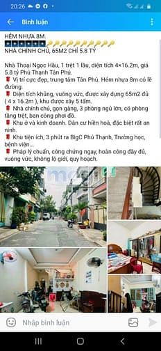 Hình ảnh Nhà hẻm 8m Thoại Ngọc Thầu, 65m2,  5,8 tỷ Tân Phú