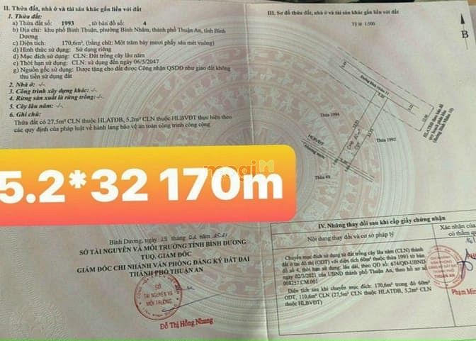 Hình ảnh Bán đất P. Bình Nhâm, TP.Thuận An, DT:5.2×32, TC60m2, SHR, giá 2,85 tỷ
