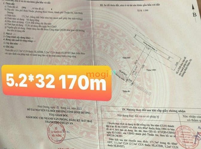Hình ảnh Bán đất P. Bình Nhâm, TP.Thuận An, DT:5.2×32, TC60m2, SHR, giá 2,85 tỷ