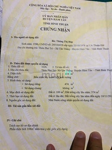Hình ảnh Đất MẶT TIỀN cô kiều . Hàm tân , Bình Thuận. Giá 1 tỷ 650 tr