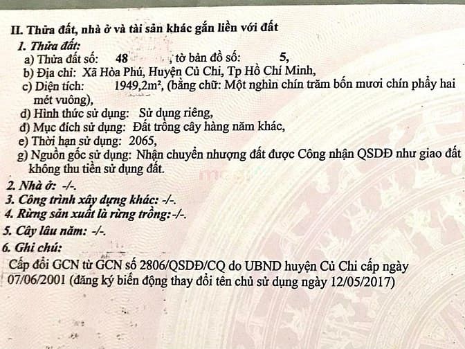Hình ảnh Chính chủ MT 1949m2 sông Lu, Hoà phú, Củ chi