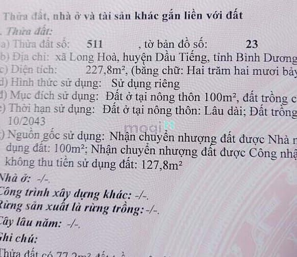 Hình ảnh Bán đất MT DH721, Long Hoà, Dầu Tiếng, DT227m2, TC100m2, SHR, 990 trệu