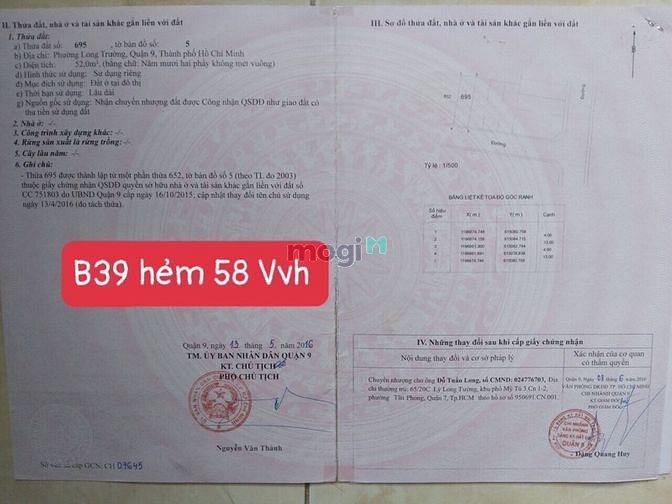 Hình ảnh Đất DT: 4x13=52m2 Hẻm 58, Đường Võ Văn Hát, Long Trường. Q9 TP Thủ Đức