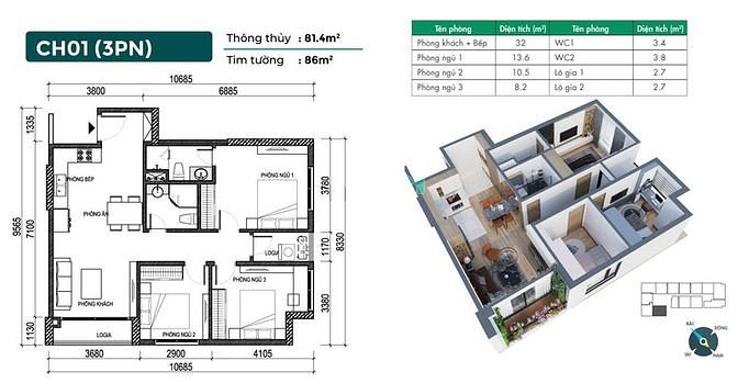 Hình ảnh Duy nhất căn 3PN tầng 5, ban công Đông Nam. Chỉ 2.4tỷ PĐ Green Home