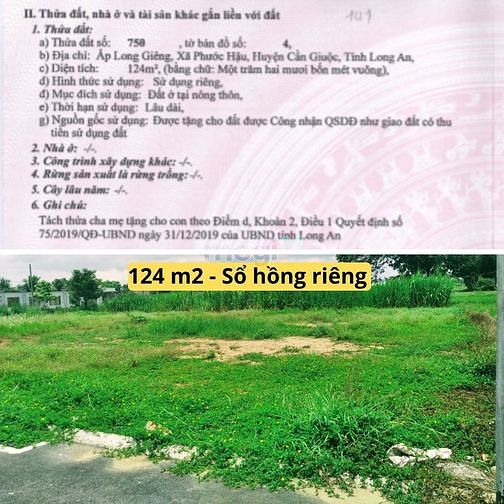 Hình ảnh Cần 124 m2 sổ hồg riêng, ngay DT 835B gần UBND xã, thổ cư, giáp TP.HCM