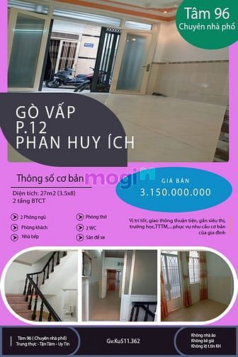 Hình ảnh Gò vấp, P12, Phan Huy Ích, 2 tầng BTCT