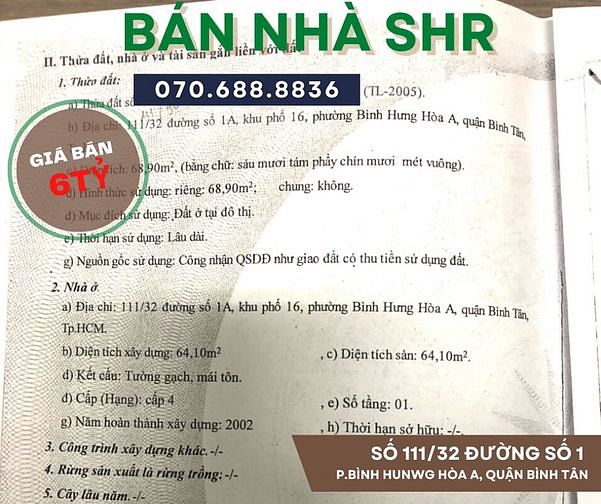 Hình ảnh Bán nhà (4m x 17m) Gác Lửng, SHR, đường số 1, cách chợ Bình Long 300m
