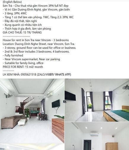 Hình ảnh Sơn Trà - Cho thuê nhà gần Vincom 3PN full NT đẹp