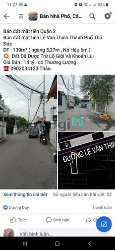 Hình ảnh Bán đất mặt tiền Lê Văn Thịnh Q2, dt 130m2, nở hậu 6m 💥giá TL