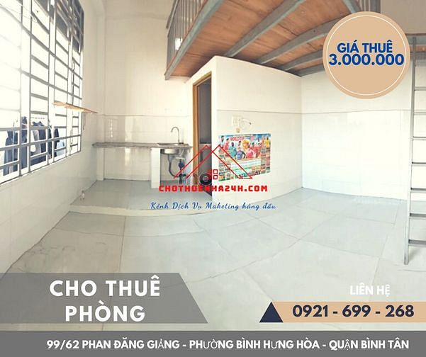 Hình ảnh Cho Thuê Phòng 25m2, có Gác số 99/62 Phan Đăng Giảng, P.BHH, Bình Tân