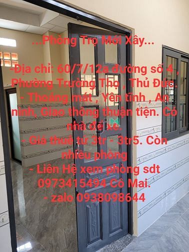 Hình ảnh Cho Thuê Phòng Trọ Mới Xây Thủ Đức
