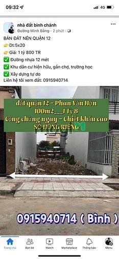Hình ảnh Đất quận 12 - 100m2 giá ngộp tp hcm