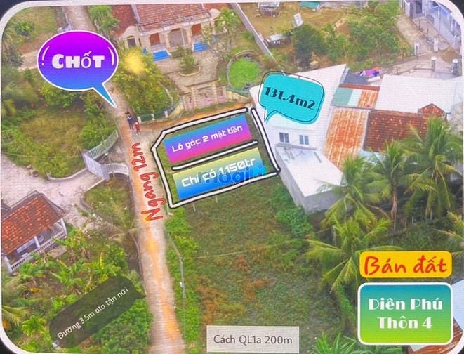 Hình ảnh Bán lô đất thôn 4, Diên Phú, Diên Khánh. Lô góc 2 mặt tiền ngang 12m.